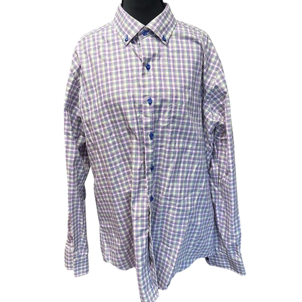 David Donahue Blue & Berry Poplin Check Dress Shirt Sz XL Cotton Business Luxury